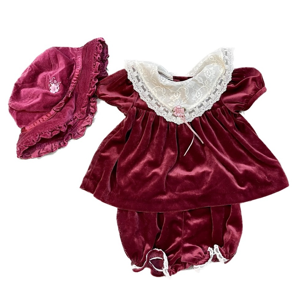Vintage Rose Cottage Velvet and Lace Dress With Bloomers 3 Pieces 6-9 Months